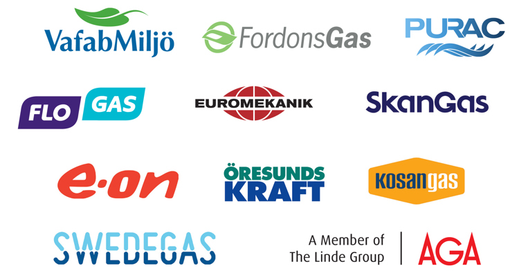 Bild på loggor för Vafab Miljö, Fordonsgas Sverige, Purac, Flogas, Euromekanik, SkanGas, E.ON, Öresundskraft, Kosan Gas, Swedegas, Aga Gas.